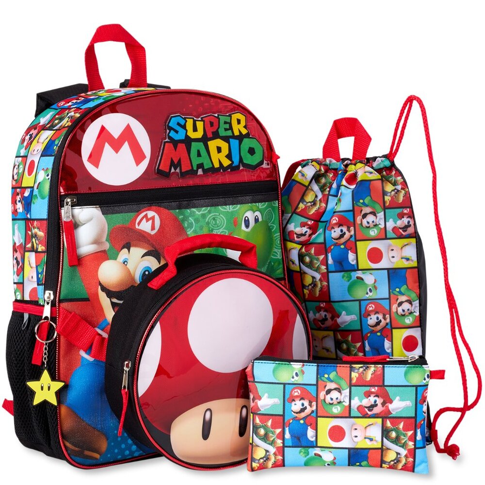 Super Mario Bros Backpack & Lunch Box 5 Pc Set Kids School Bag Keychain Bookbag